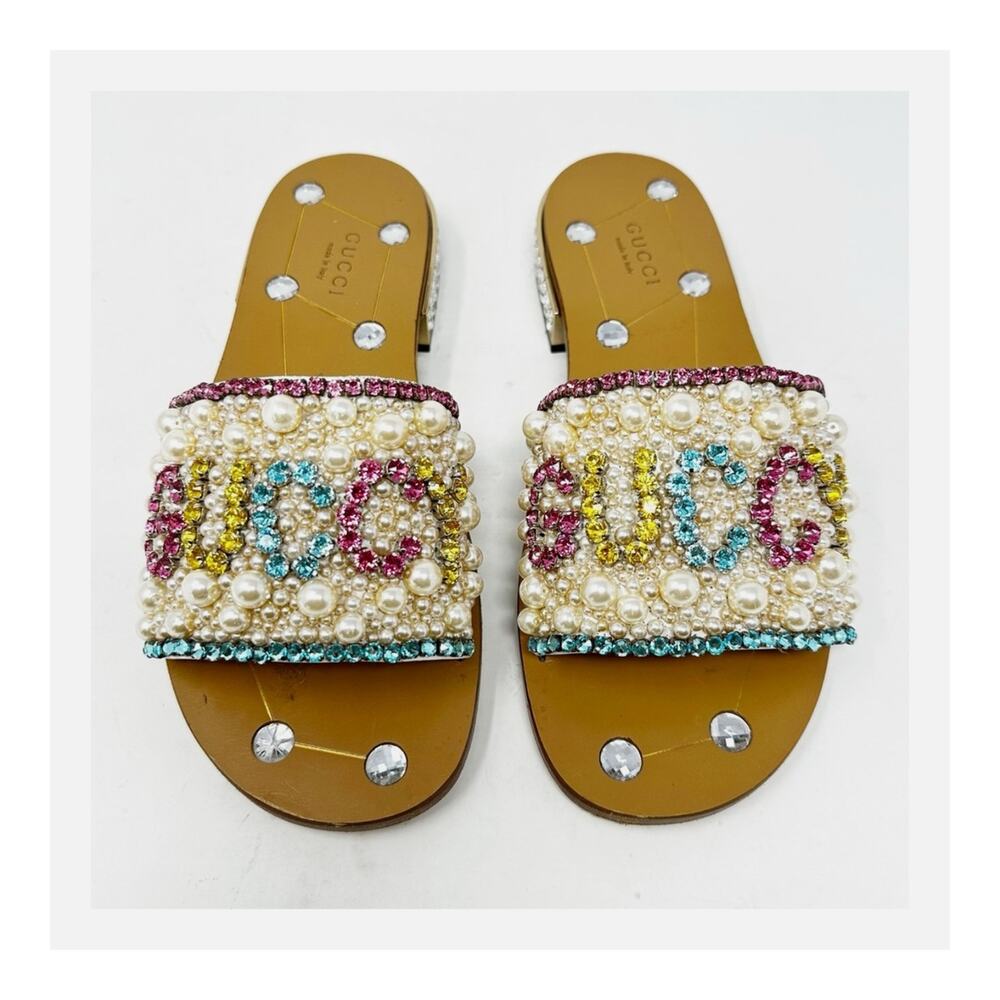 Gucci Pearl Crystal Slide Sandals Womens Size EU 37